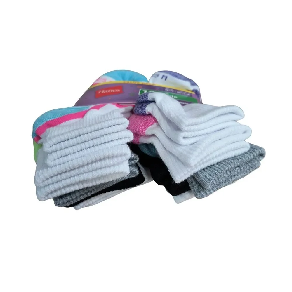 Hanes Girls Ankle Socks M Shoe 10.5-4 Cool Comfort Cushioned 12 Pack Assorted